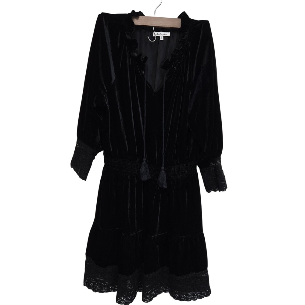 Another Love Black Velvet Dress W/Lace Trim, Small